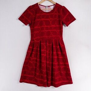 LuLaRoe Dress XL Red Geometric Print Fit and Flare Pleated Short Sleeve Stretch